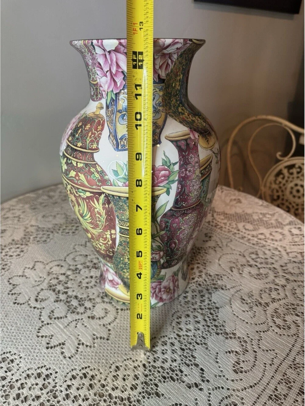 Hand Painted Rose Medallion Porcelain Vase 13”h x 7